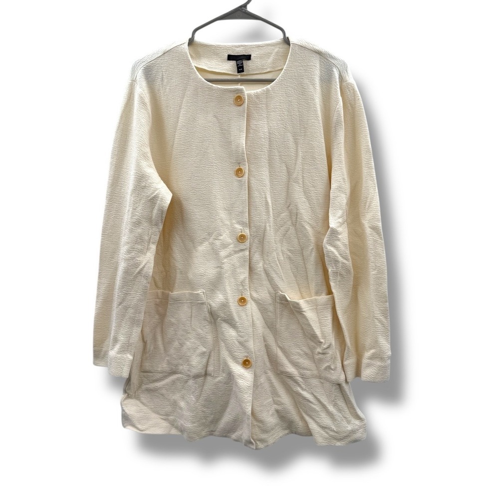 Eileen Fisher Textured Button Jacket Women's Medium Cream Long Sleeve Minimalist